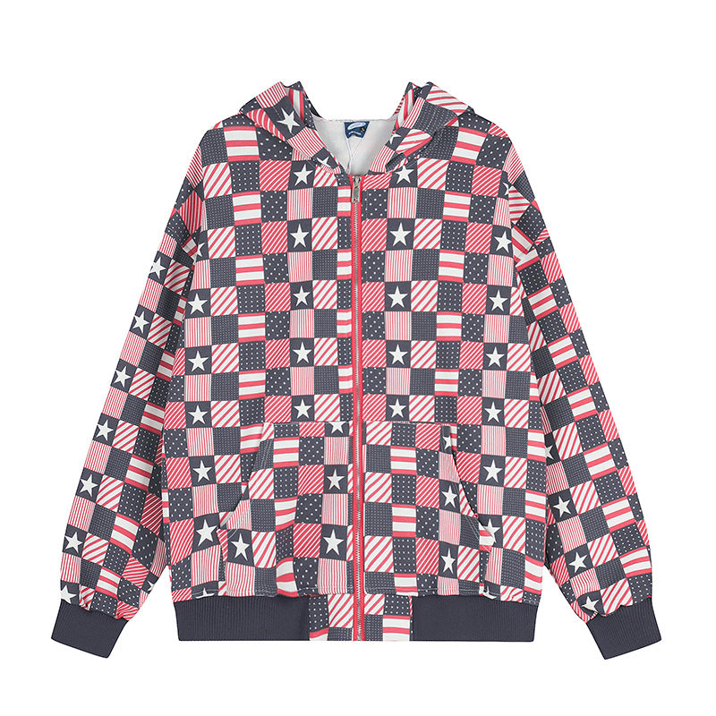 Damen Zip-Kapuzenjacke mit Allover-Patchwork-Sternen- und Streifenmuster Echoarchiv