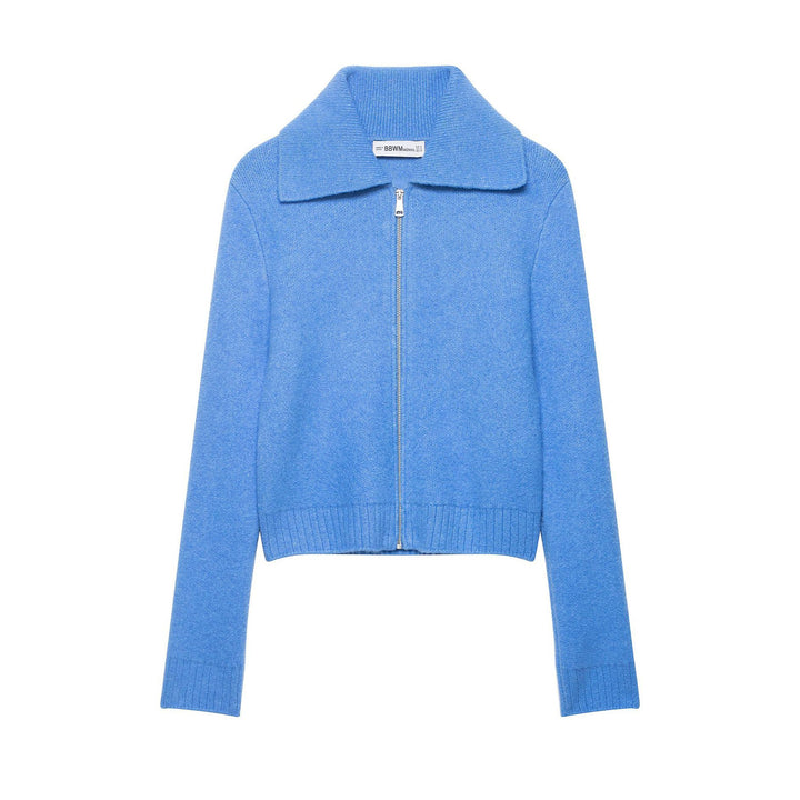 Damen Grobgestrickte Kurzjacke mit Reißverschluss, weitem Kragen und geripptem Saum Echoarchiv