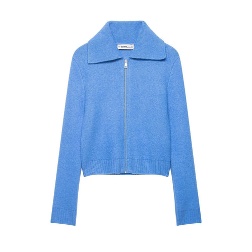 Damen Grobgestrickte Kurzjacke mit Reißverschluss, weitem Kragen und geripptem Saum Echoarchiv