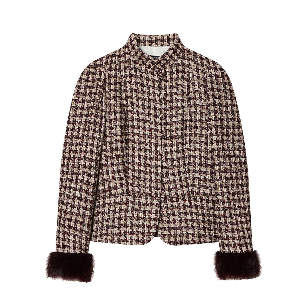 Damen kurz geschnittene Bouclé-Tweedjacke mit stehendem Kragen, verdeckter Knopfleiste und weichen Kunstfellmanschetten – Célinea