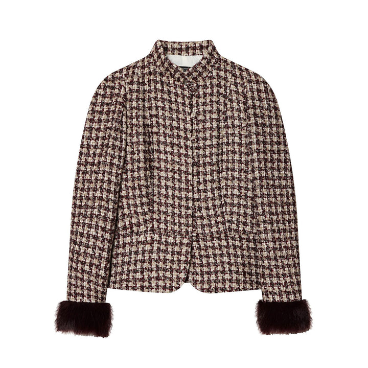 Damen kurz geschnittene Bouclé-Tweedjacke mit stehendem Kragen, verdeckter Knopfleiste und weichen Kunstfellmanschetten – Célinea