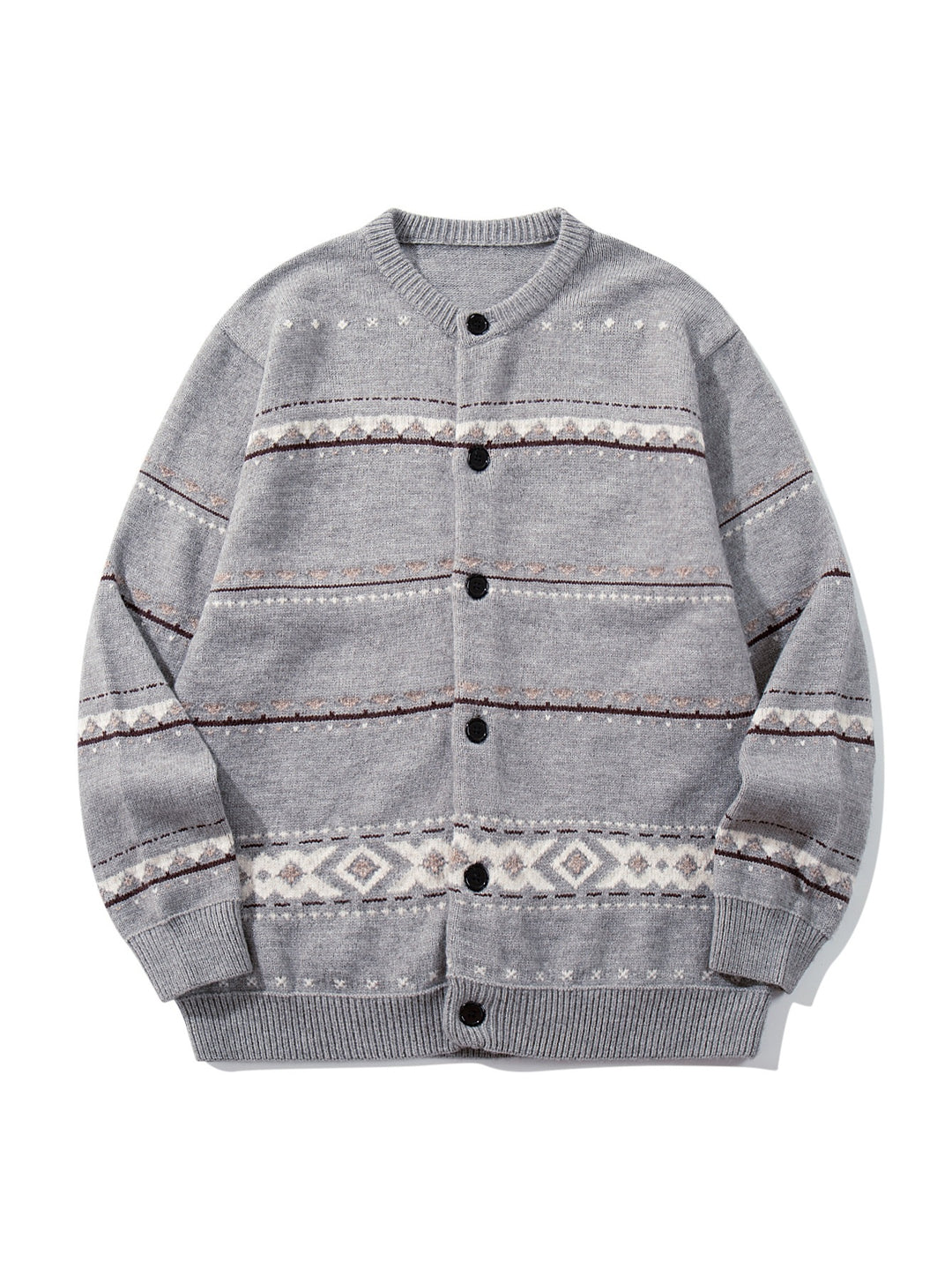 Unisex Strukturierte Jacquard-Strickjacke mit Rundhalsausschnitt, Oversize-Passform und Knopfleiste Echoarchiv