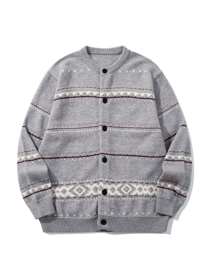 Unisex Strukturierte Jacquard-Strickjacke mit Rundhalsausschnitt, Oversize-Passform und Knopfleiste Echoarchiv