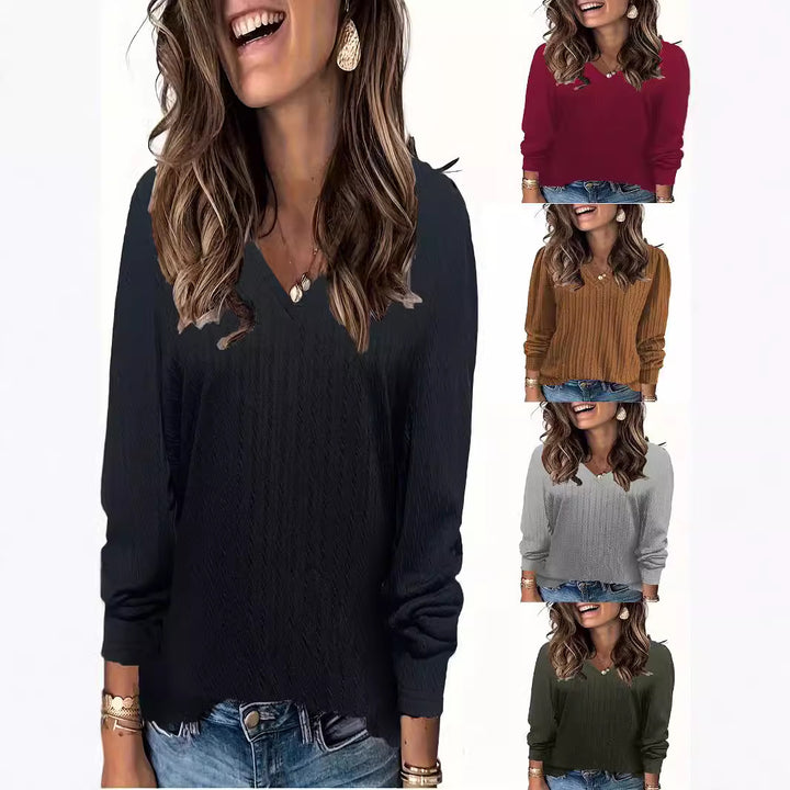 Damen Feinstrick-Langarmshirt mit V‑Ausschnitt und Zopfmuster Echoarchiv