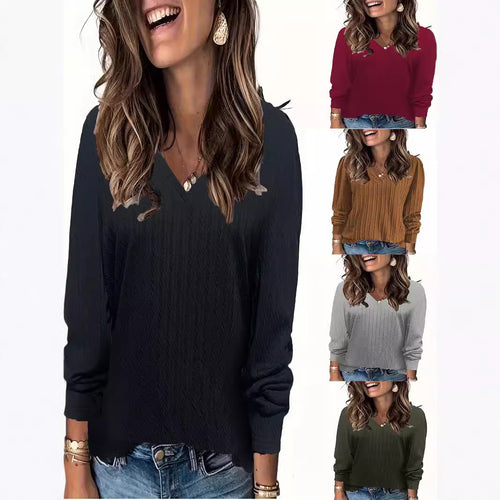 Damen Feinstrick-Langarmshirt mit V‑Ausschnitt und Zopfmuster Echoarchiv