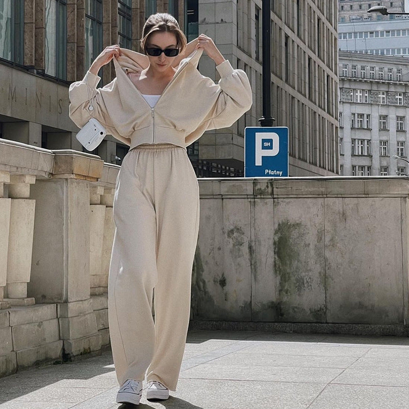 Damen kurzes Reißverschluss-Cropped-Hoodie mit hoher Bund Palazzo-Jogginghose Set – Auréline