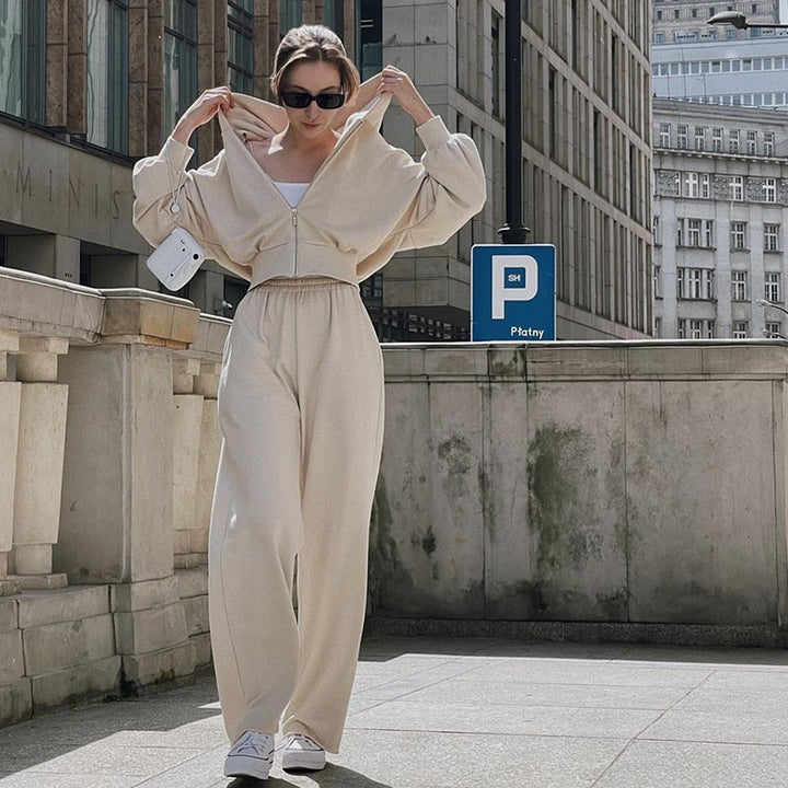 Damen kurzes Reißverschluss-Cropped-Hoodie mit hoher Bund Palazzo-Jogginghose Set – Auréline