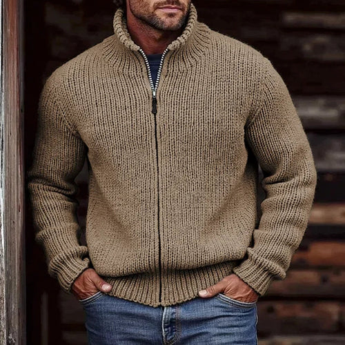 Herren Grobstrick-Cardigan mit Stehkragen und durchgehendem Reißverschluss Echoarchiv