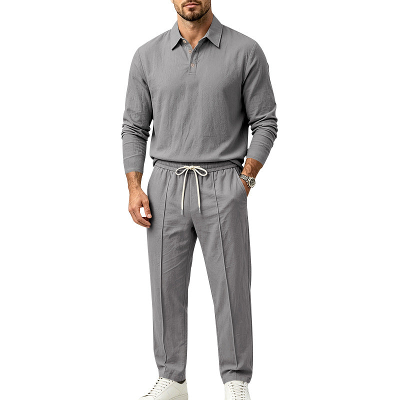 Herren Langarm-Henley-Lounge-Set aus leichter Baumwollmischung mit Kordelzug Echoarchiv