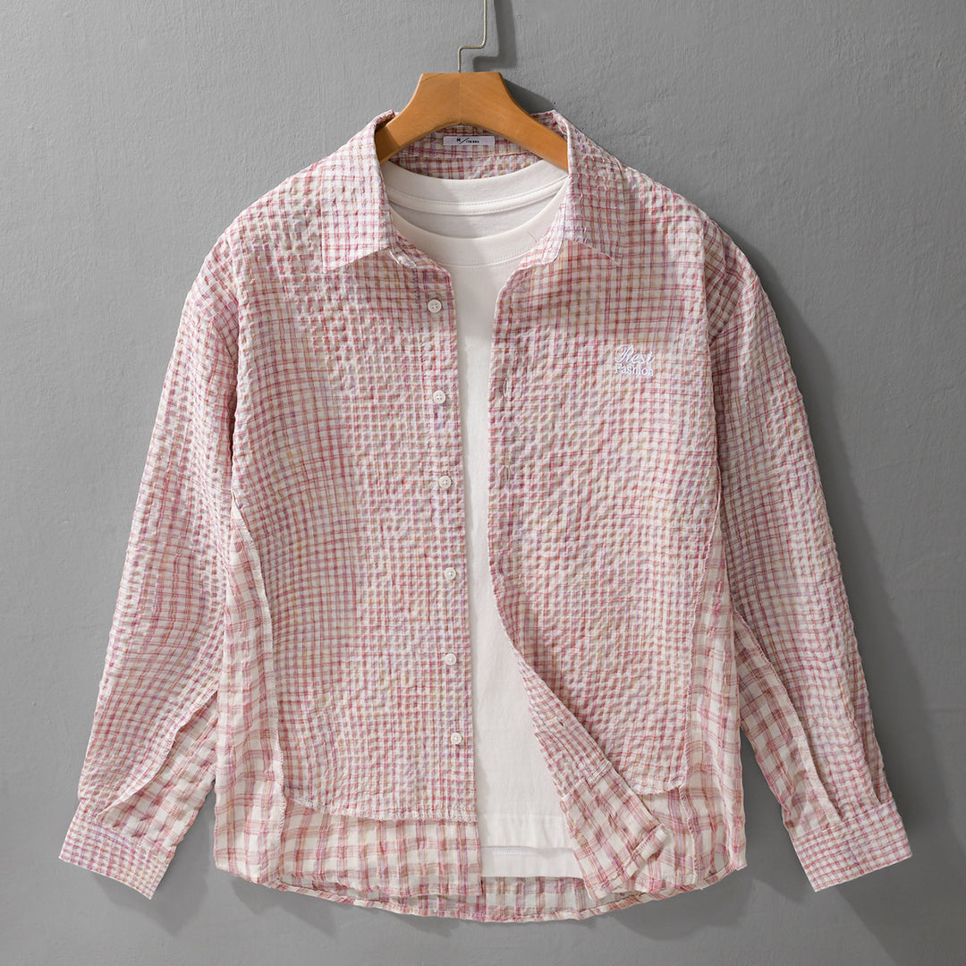 Damen Relaxed-Fit Crinkle-Hemdjacke mit feiner Gingham‑Webstruktur und dezenter Bruststickerei Echoarchiv