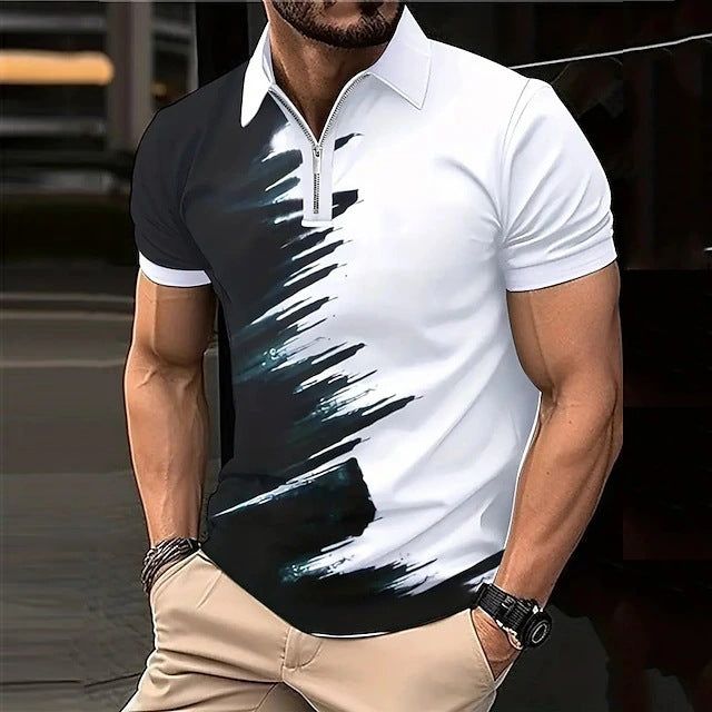Herren modisches Kurzarm-Polohemd mit Zipper und kreativer Farbgestaltung Echoarchiv