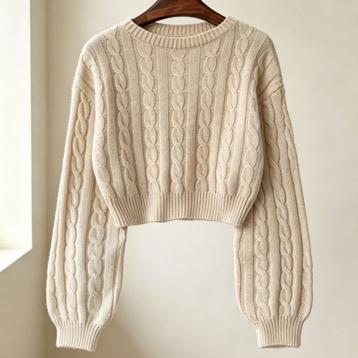 Damen Cropped Zopfmuster-Strickpullover mit kastiger Silhouette und Ballonärmeln – Mavelle