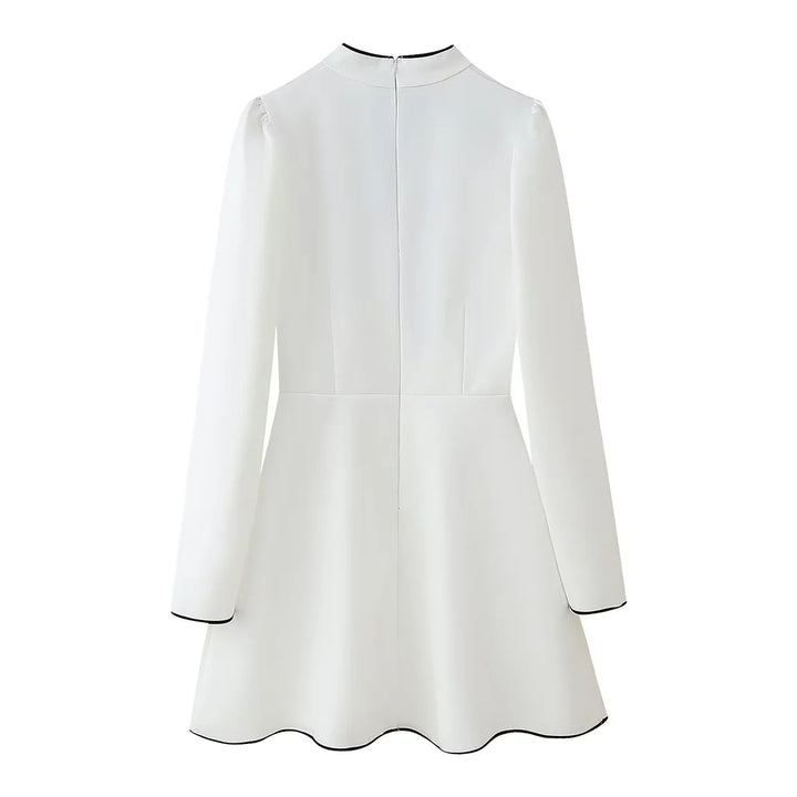 Damen tailliertes A-Linienkleid mit Stehkragen, Schleifendetail und kontrastpaspel – Élara