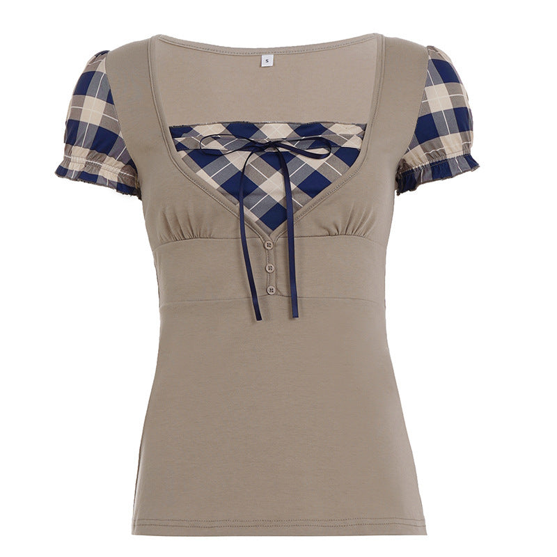 Damen modisches Oberteil mit asymmetrischem Karomuster und eleganten Rüschendetails Echo Archiv