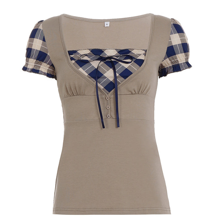 Damen modisches Oberteil mit asymmetrischem Karomuster und eleganten Rüschendetails Echo Archiv