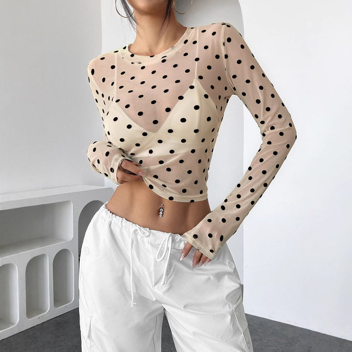 Damen nan bauchfreies Netzstoff-Oberteil mit Punktmuster und integriertem Bustier Echo Archiv