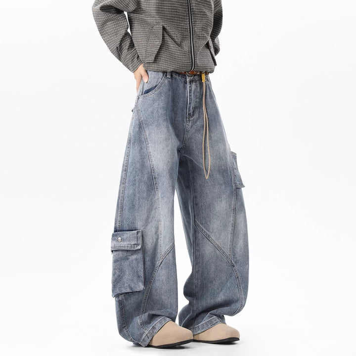 Damen Baggy-Cargo-Jeans aus gewaschenem Denim mit hoher Taille und Panelnähten Echoarchiv