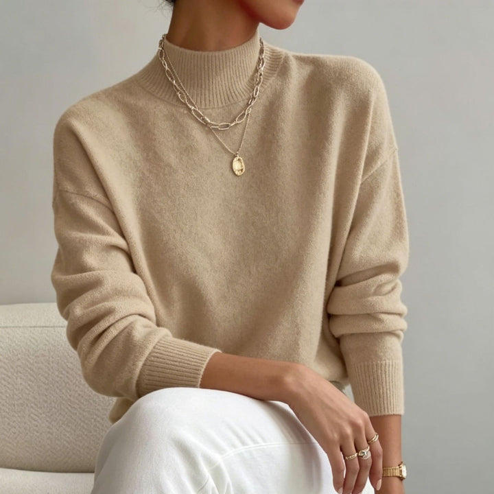 Damen kuscheliger Feinstrickpullover mit Stehkragen und überschnittener Schulter – Mavelle