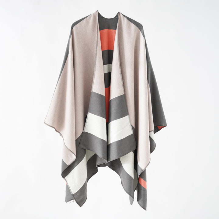 Damen Oversize-Ruana im Cape‑Stil aus Wolloptik mit geometrischen Blockstreifen Echo Archiv