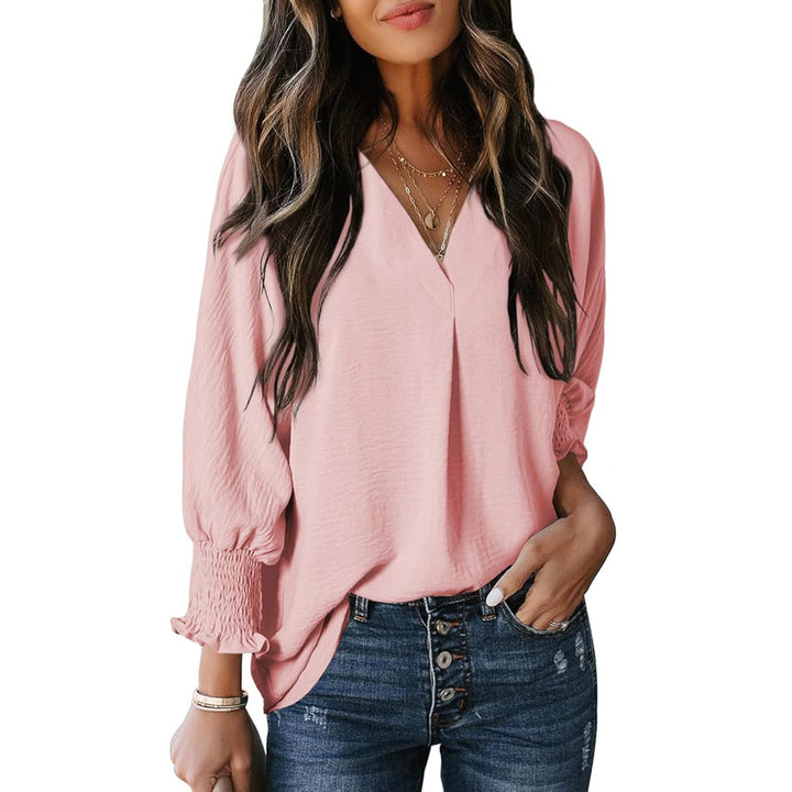 Damen V-Ausschnitt Bluse mit lässigen Ballonärmeln und Rüschendetails Echoarchiv