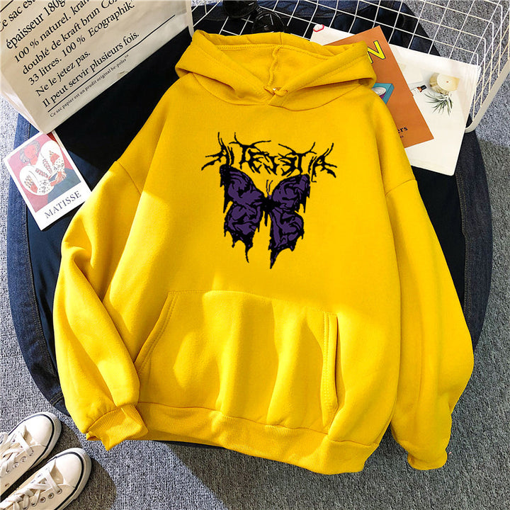 Damen Oversize-Kapuzenpullover mit gothischer Schmetterlings-Illustration und Kängurutasche – Auréline