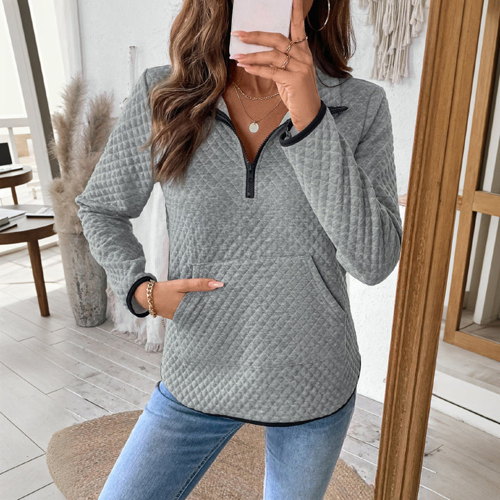Damen Stepp-Sweatshirt mit halbem Reißverschluss, Stehkragen und Kängurutasche Echoarchiv