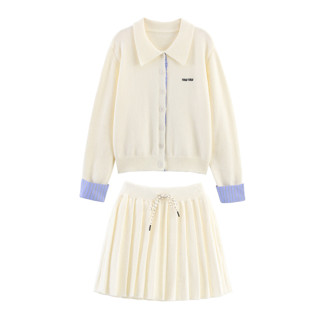 Damen Zweiteiliges Feinstrick-Set mit Hemdkragen-Cardigan und plissiertem Rock Echoarchiv