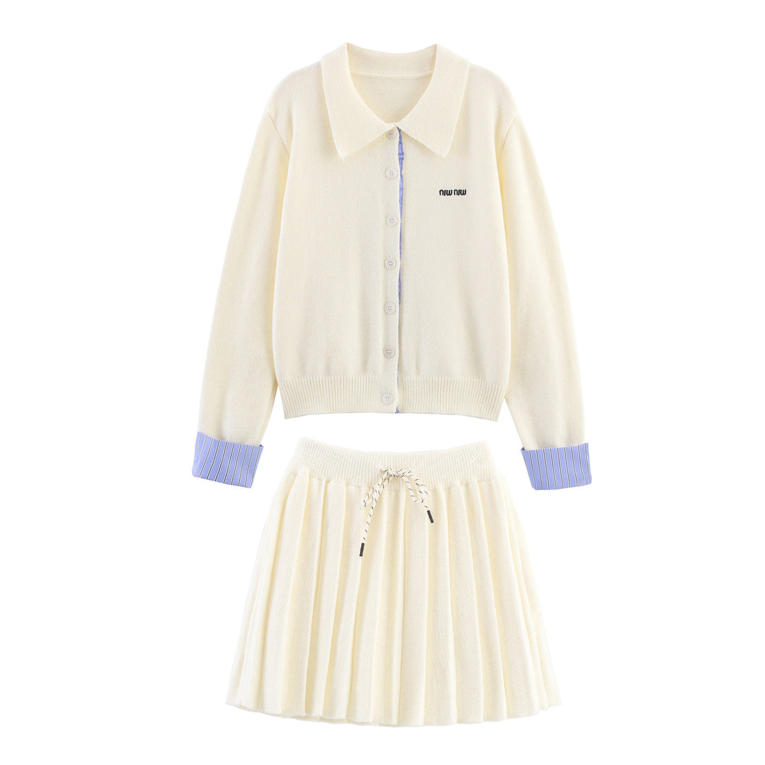 Damen Zweiteiliges Feinstrick-Set mit Hemdkragen-Cardigan und plissiertem Rock Echoarchiv