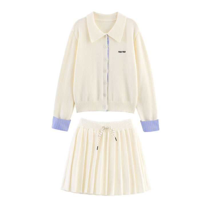 Damen Zweiteiliges Feinstrick-Set mit Hemdkragen-Cardigan und plissiertem Rock Echoarchiv