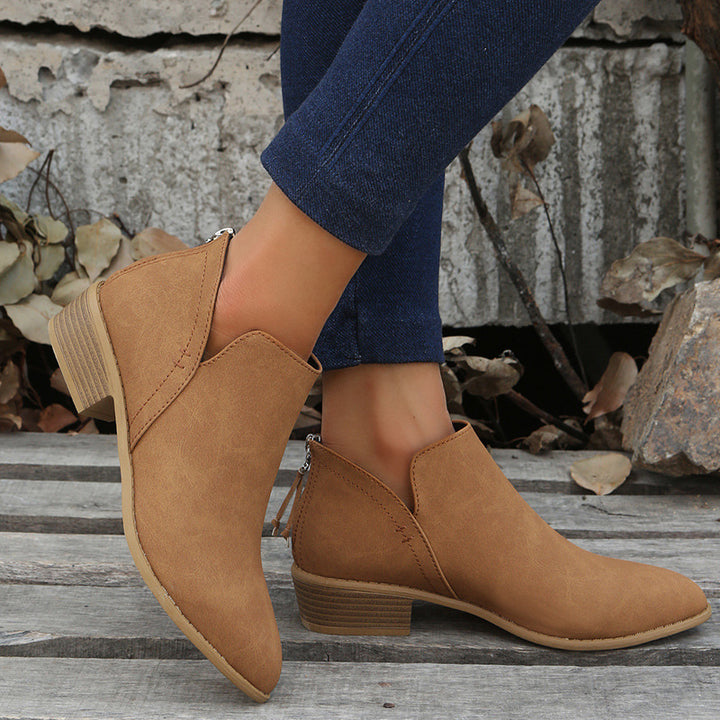 Damen Metallic-Ankleboots mit spitzer Kappe, Rückreißverschluss und niedrigem Blockabsatz Echoarchiv