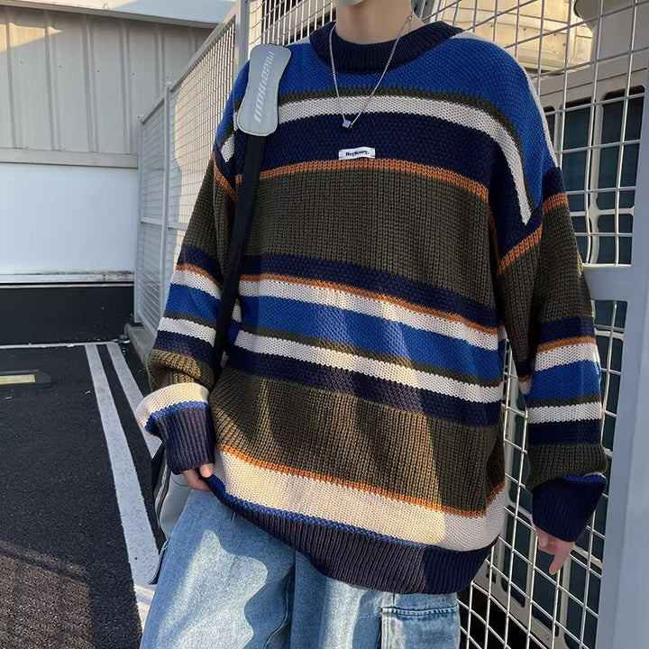 Herren Lässiger Grobstrickpullover mit buntem Streifenmuster Echoarchiv