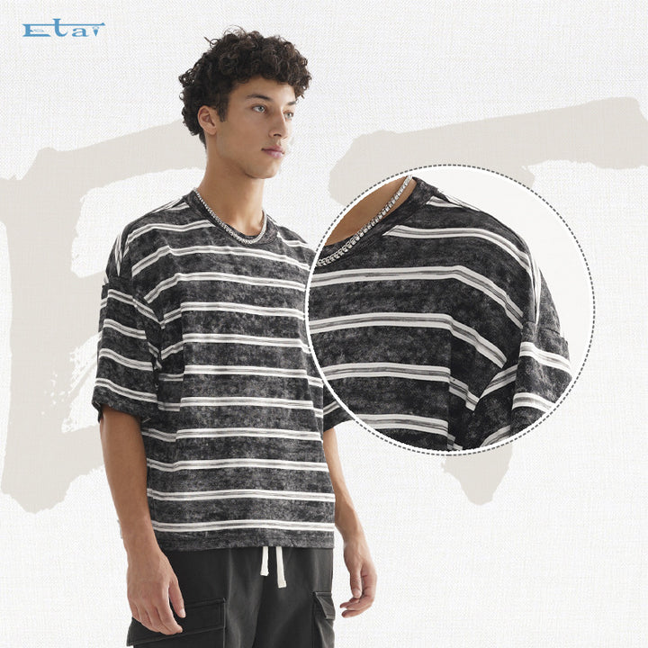 Herren Oversize Kurzarmshirt im verwaschenen Used-Look mit Blockstreifen Echo Archiv