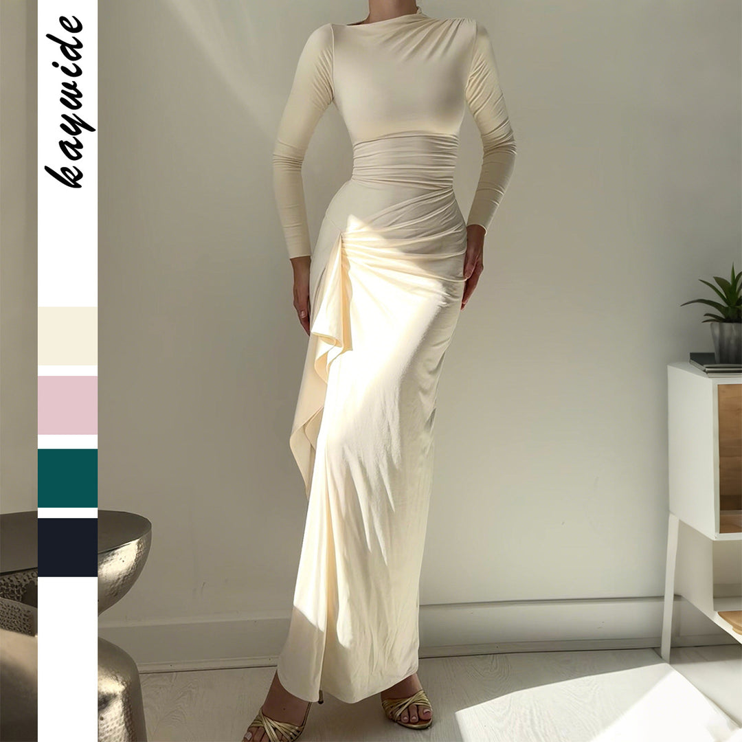Damen nan gerafftes Maxikleid mit langen Ärmeln, taillierender Stretch-Passform und seitlichem Volant-Detail Echo Archiv