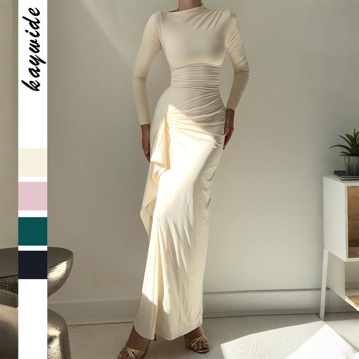Damen nan gerafftes Maxikleid mit langen Ärmeln, taillierender Stretch-Passform und seitlichem Volant-Detail Echo Archiv