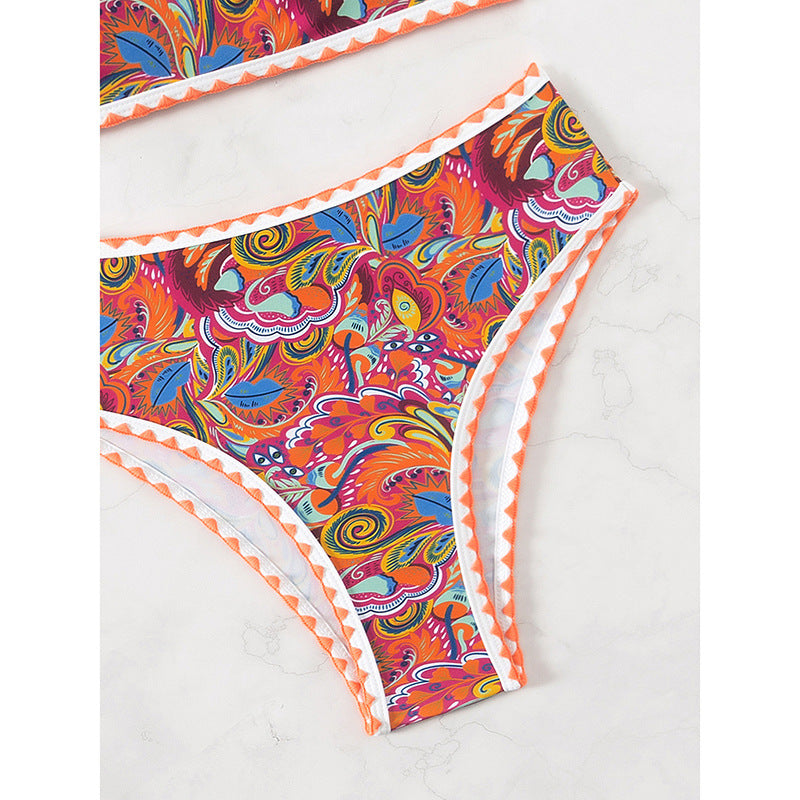 Damen Bandeau-Bikini mit buntem Psychedelic-Design und eleganten Rüschen Echo Archiv