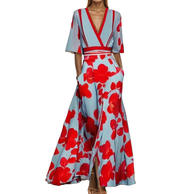 Damen Maxikleid mit Wickeloberteil, Taillengürtel und fließendem Satinrock – Valéora