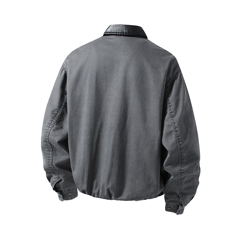 Herren Boxy-Denim-Überhemdjacke mit Lederkragen, Brusttasche mit Reißverschluss & elastischem Saum Echoarchiv