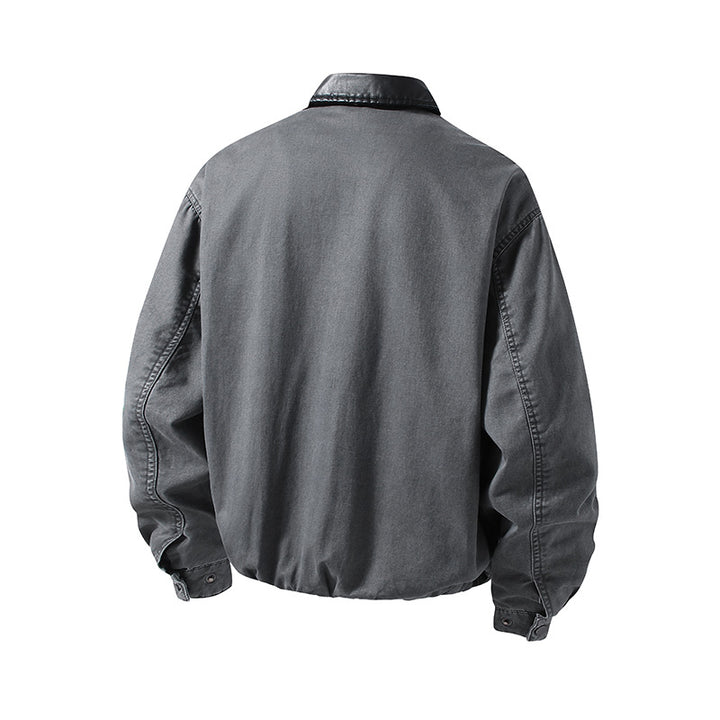 Herren Boxy-Denim-Überhemdjacke mit Lederkragen, Brusttasche mit Reißverschluss & elastischem Saum Echoarchiv