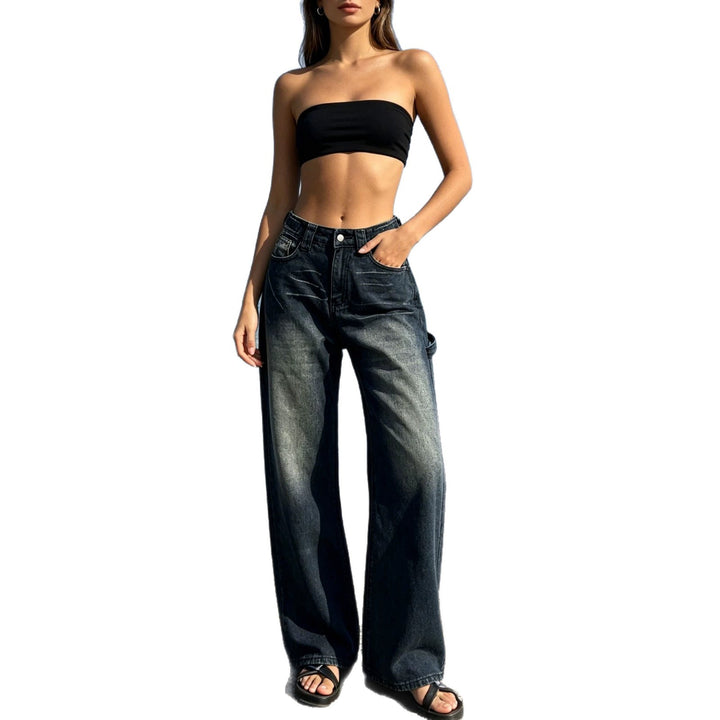 Damen nan weite High‑Waist Carpenter-Denimhose mit Utility-Seitentasche und ausgestelltem Bein Echo Archiv