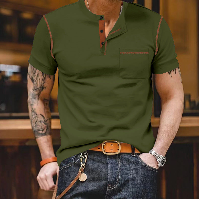 Herren nan urbanes Kurzarmshirt mit Stehkragen, halber Knopfleiste und Brusttasche Echo Archiv
