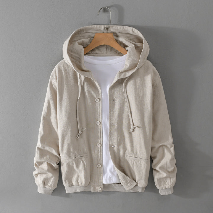 Herren Leichte Leinen-Hoodiejacke mit Knopfleiste und Kordelzug Echoarchiv