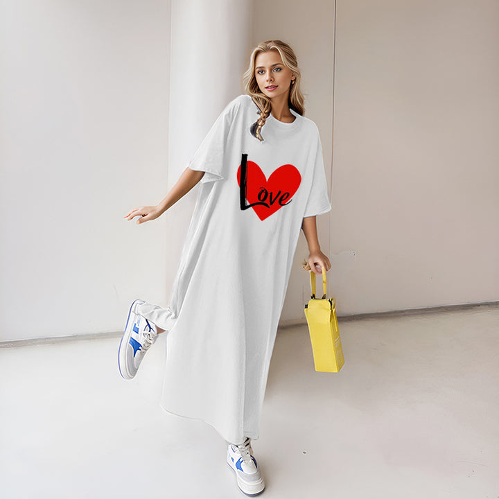 Damen locker geschnittenes Maxikleid mit großem Herzgrafikprint und Rundhalsausschnitt – Valéora