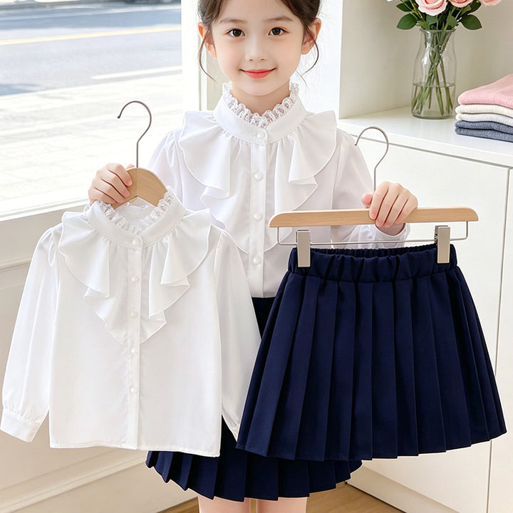 Mädchen elegante Rüschenbluse mit Kragen und dazu passendem Faltenrock Echo Archiv