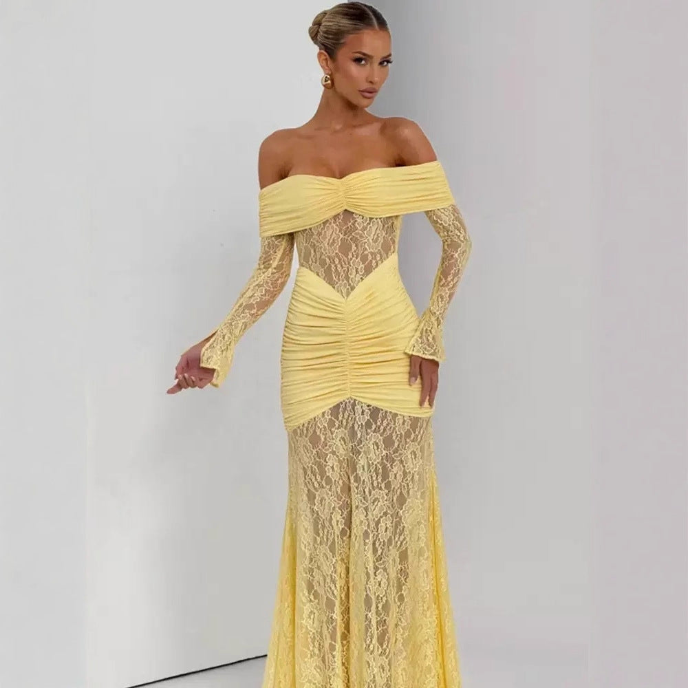 Damen Elegantes Langarm-Spitzenkleid mit Raffungen und schulterfreiem Design Echo Archiv