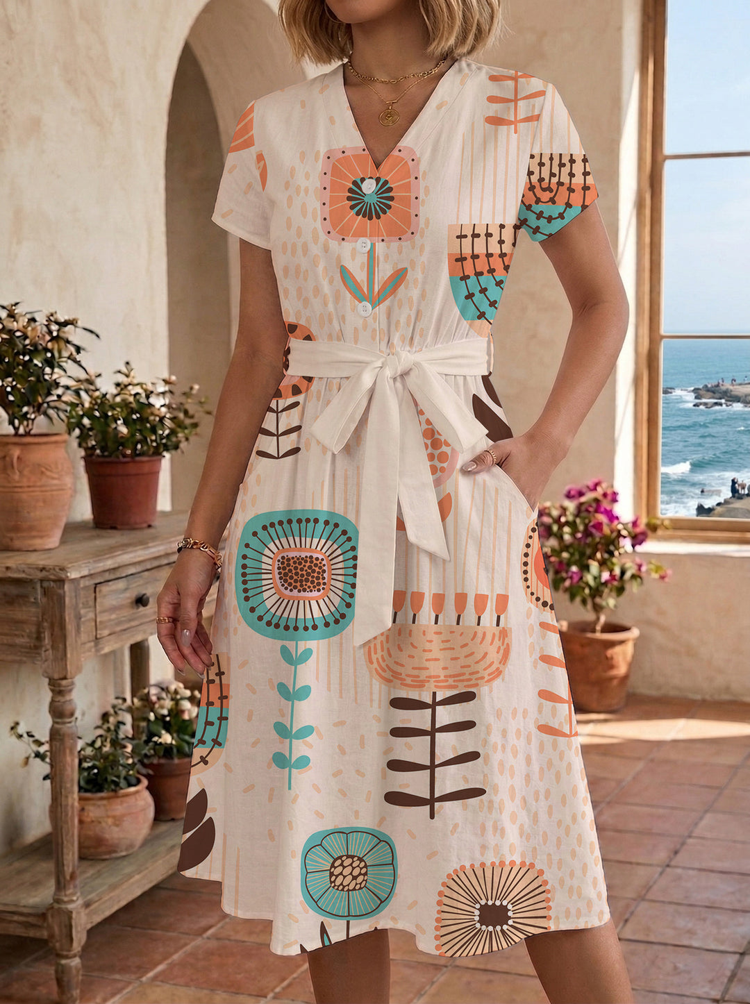 Damen Midikleid mit farbenfrohem Blumendesign und taillierbarem Bindegürtel Echo Archiv