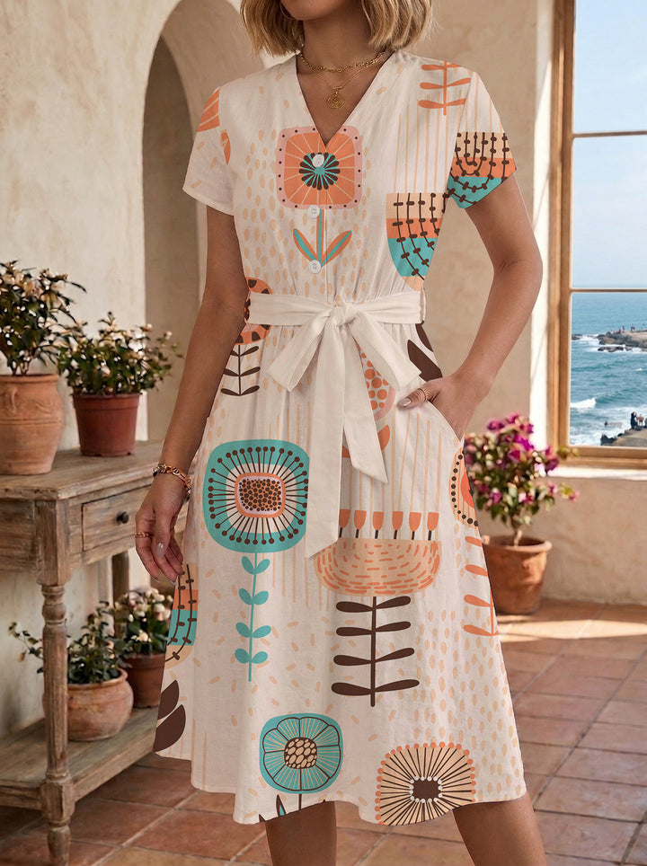 Damen Midikleid mit farbenfrohem Blumendesign und taillierbarem Bindegürtel Echo Archiv