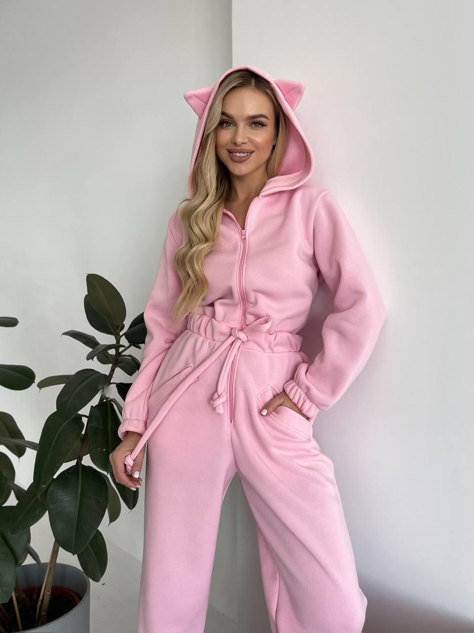 Damen Kuscheliger Kapuzen-Overall mit Katzenohren und Taillenzug – Élanora