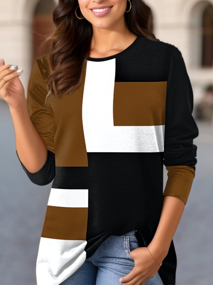 Damen nan geometrisches Colorblock Longsleeve-Tunika-Oberteil mit Rundhalsausschnitt und asymmetrischem Saum Echo Archiv