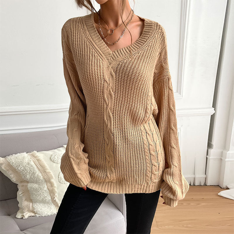 Damen Grobstrick Oversize-Pullover mit Zopfdetail und weitem V-Ausschnitt Echoarchiv