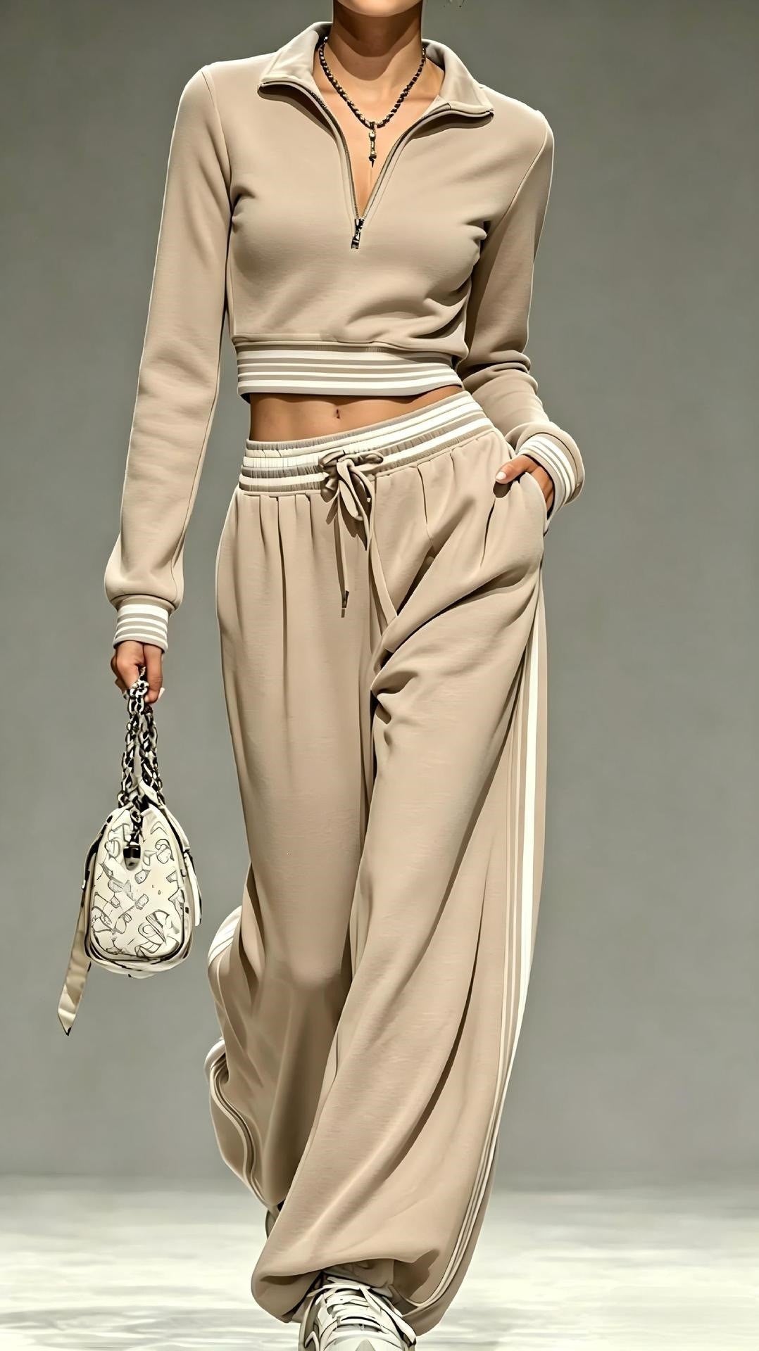 Damen Cropped-Trainingsset mit halbem Reißverschlusskragen und weitem Bundfalten-Jogger Echoarchiv